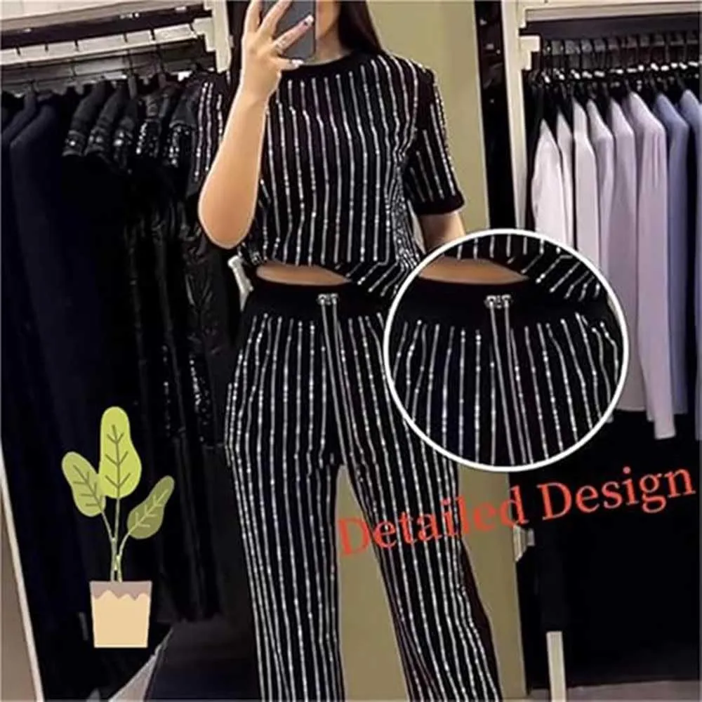 Women's Casual Solid Color Round Neck Hot Diamond Short Sleeve Two-Piece Suit Striped Vacation Wide Leg Pant Sets for Women