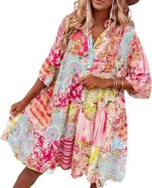 Women's Casual Sweet Pink 3/4 Sleeve Mini Dress Breathable Blend Loose Fit 2025 Summer Fashion