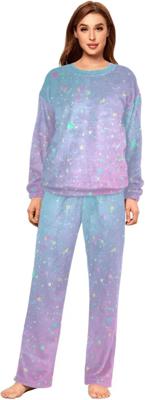 Women's Color Rainbow Flannel Pajama Set 2 Piece Cozy Pjs Thermal Fuzzy Fleece Lounge Loungewear