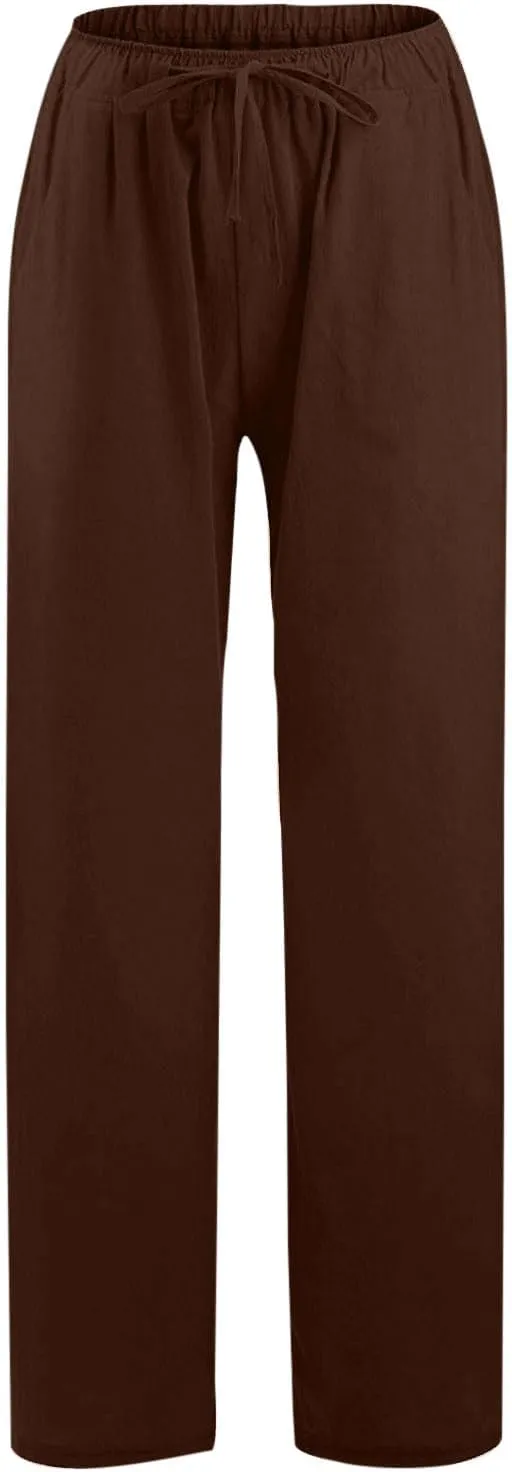Women's Cotton Linen Pants Summer Wide Leg Casual Loose Drawstring High Waist Palazzo Pants Trousers with Pockets
