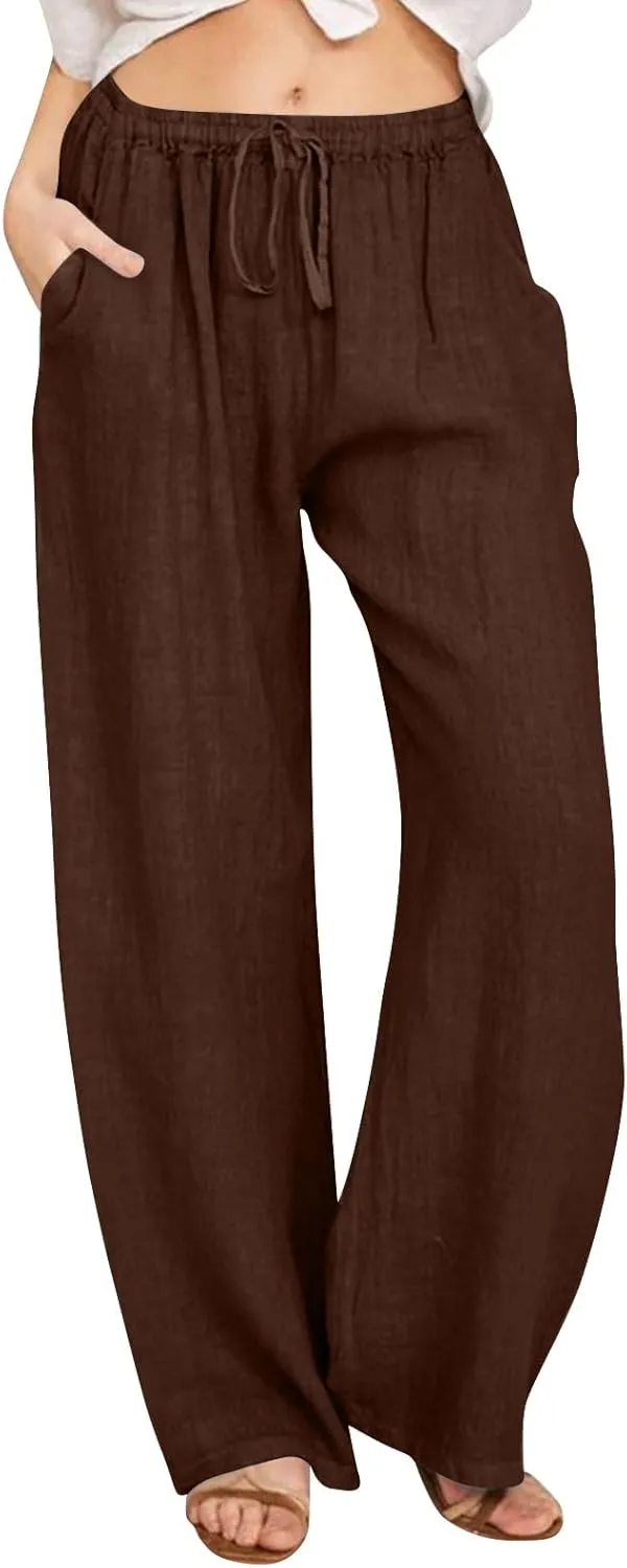 Women's Cotton Linen Pants Summer Wide Leg Casual Loose Drawstring High Waist Palazzo Pants Trousers with Pockets