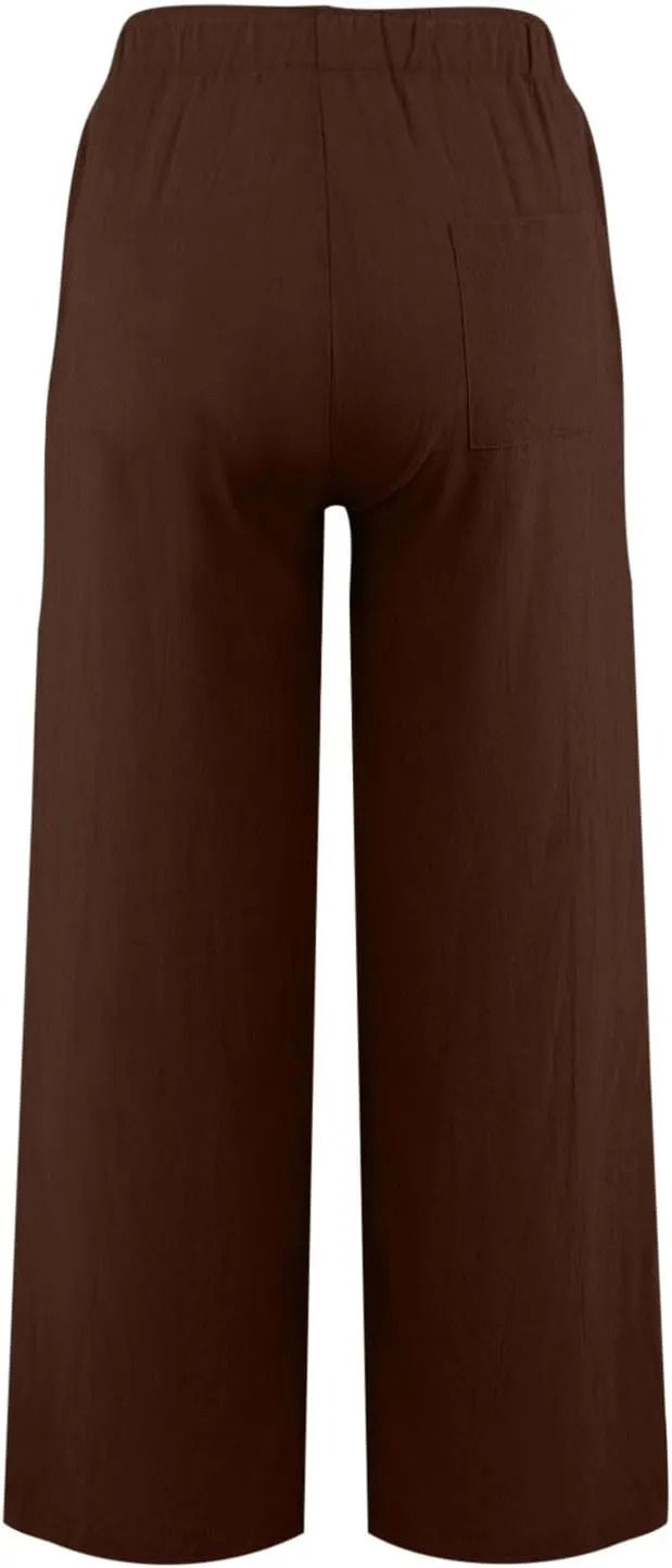 Women's Cotton Linen Pants Summer Wide Leg Casual Loose Drawstring High Waist Palazzo Pants Trousers with Pockets