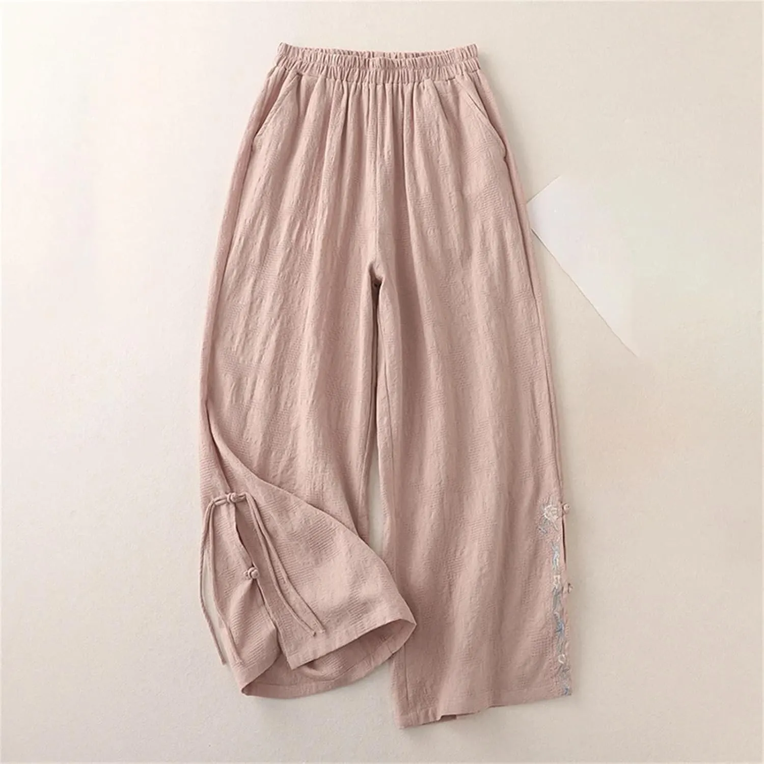 Women's Cotton Linen Wide-Leg Pants  Embroidered Split Buckle High Waist Loose Fit Straight Casual Summer Trousers