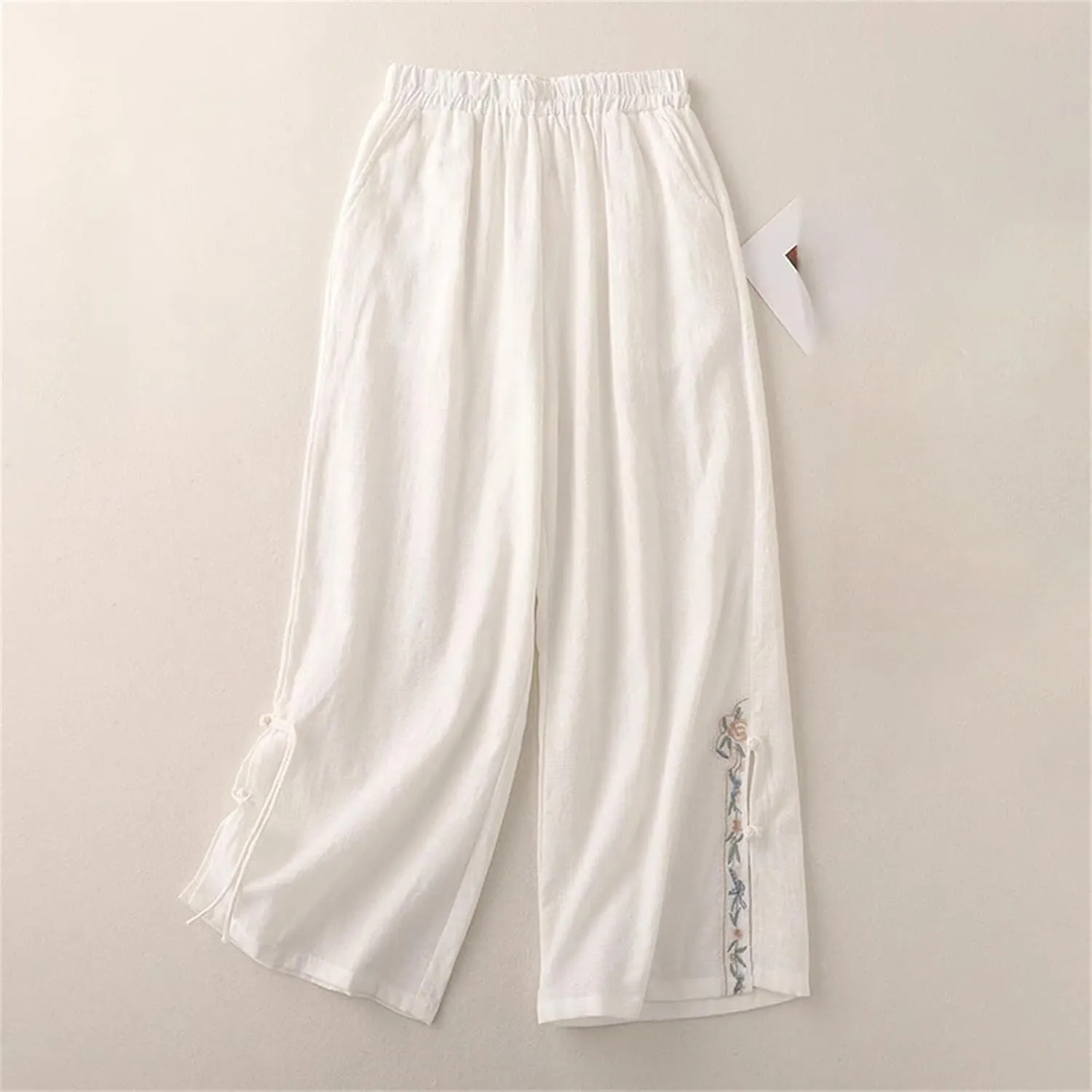 Women's Cotton Linen Wide-Leg Pants  Embroidered Split Buckle High Waist Loose Fit Straight Casual Summer Trousers