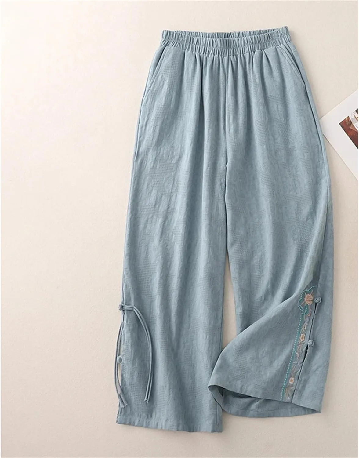 Women's Cotton Linen Wide-Leg Pants  Embroidered Split Buckle High Waist Loose Fit Straight Casual Summer Trousers