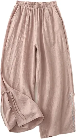 Women's Cotton Linen Wide-Leg Pants  Embroidered Split Buckle High Waist Loose Fit Straight Casual Summer Trousers