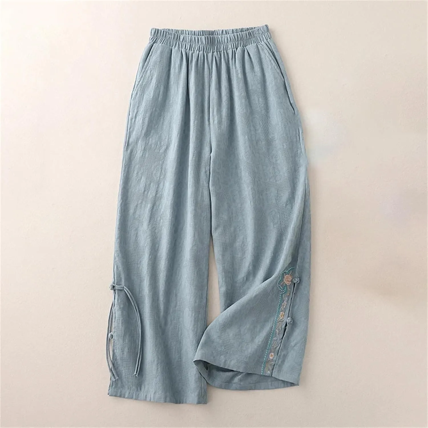 Women's Cotton Linen Wide-Leg Pants  Embroidered Split Buckle High Waist Loose Fit Straight Casual Summer Trousers