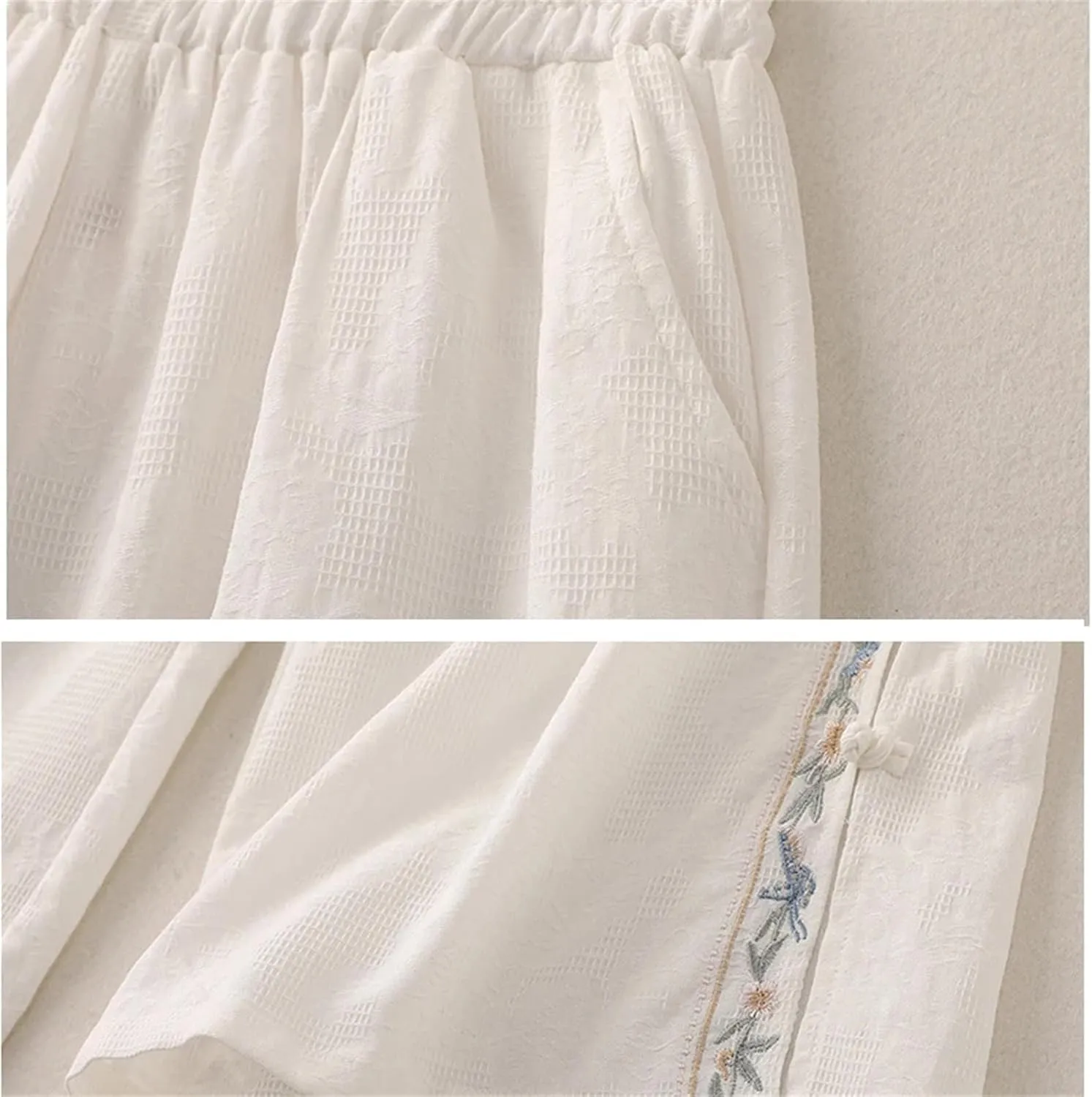 Women's Cotton Linen Wide-Leg Pants  Embroidered Split Buckle High Waist Loose Fit Straight Casual Summer Trousers