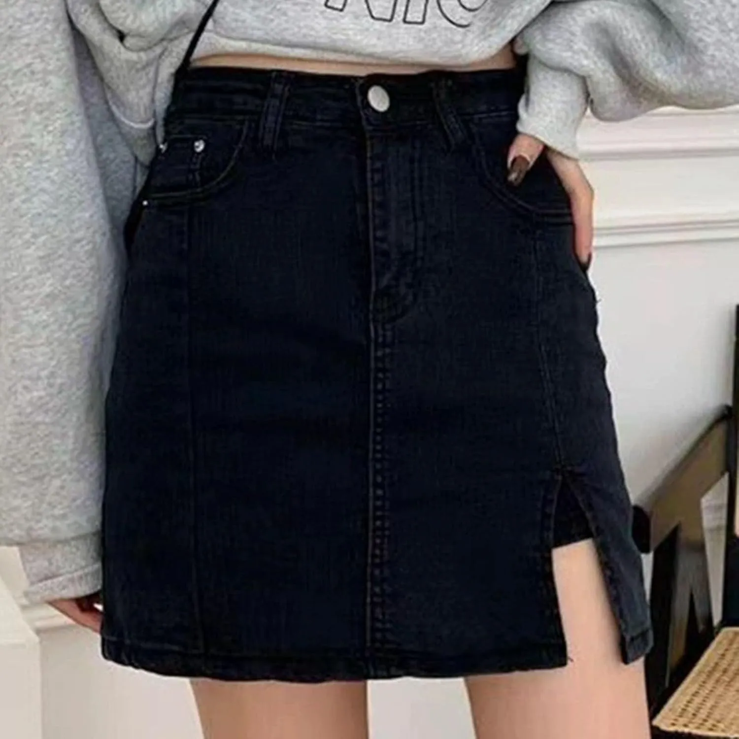 Womens Denim Skirt Above Knee Length Stretch High Waisted Teens Dressy Mini Jean Skirts Breathable Daily Streetwear