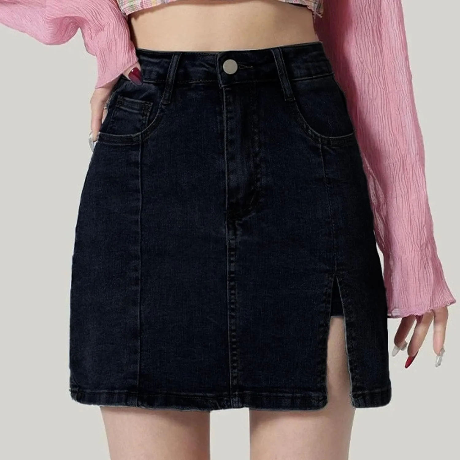 Womens Denim Skirt Above Knee Length Stretch High Waisted Teens Dressy Mini Jean Skirts Breathable Daily Streetwear