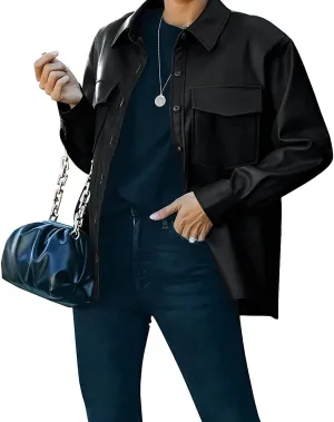 Womens Faux PU Leather Shacket, Oversized Button Front Jacket Casual Shirt Loose Long Sleeve Blazer Coat with Pocket (Black, X-Large)