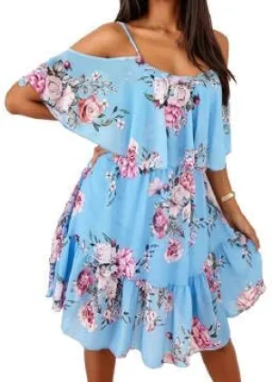 Womens Floral Flowy Mini Spaghetti Straps Off The Shoulder Tiered Dress, Chiffon A-line Ruffle Dresses Short Beach Sundresses