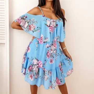 Womens Floral Flowy Mini Spaghetti Straps Off The Shoulder Tiered Dress, Chiffon A-line Ruffle Dresses Short Beach Sundresses
