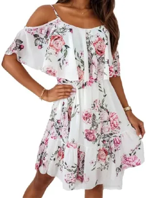 Womens Floral Flowy Mini Spaghetti Straps Off The Shoulder Tiered Dress, Chiffon A-line Ruffle Dresses Short Beach Sundresses