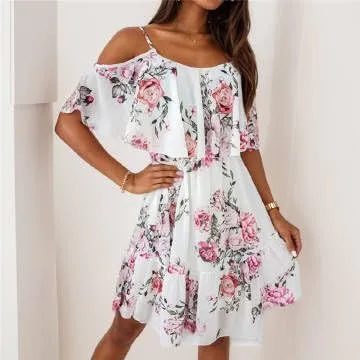 Womens Floral Flowy Mini Spaghetti Straps Off The Shoulder Tiered Dress, Chiffon A-line Ruffle Dresses Short Beach Sundresses