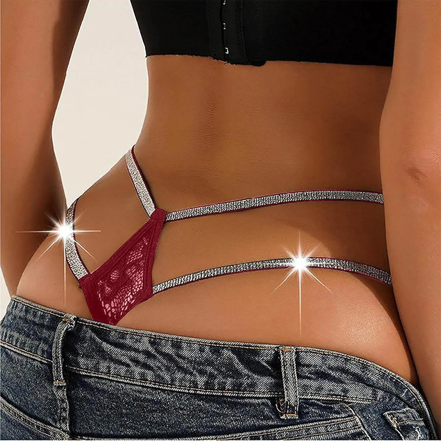 Women's Glitter Underwear Breathable Strappy Lace Sexy Underwear Lace Lingerie Hollow Out Low Waist Cheeky Panties