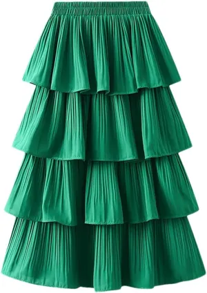 Women's High Waisted Ruffled Pleated Half Skirt Solid Color Casual Loose Elastic Long Skirt