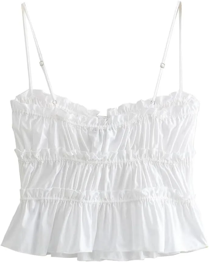 Women's Lace-Up Backless Camisole Adjustable Strap Poplin Crop Top With Ruffled Hem, Summer Holiday Sleeveless Vest