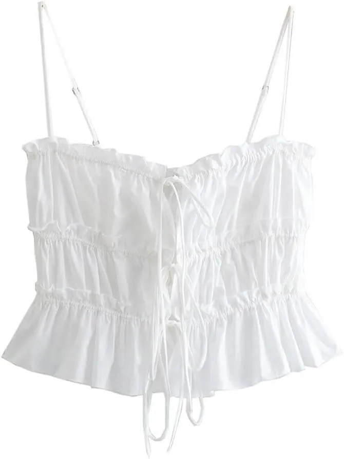 Women's Lace-Up Backless Camisole Adjustable Strap Poplin Crop Top With Ruffled Hem, Summer Holiday Sleeveless Vest