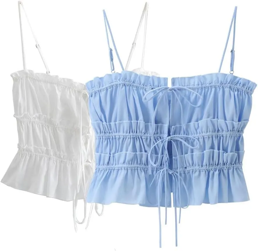 Women's Lace-Up Backless Camisole Adjustable Strap Poplin Crop Top With Ruffled Hem, Summer Holiday Sleeveless Vest