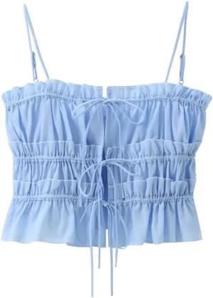 Women's Lace-Up Backless Camisole Adjustable Strap Poplin Crop Top With Ruffled Hem, Summer Holiday Sleeveless Vest