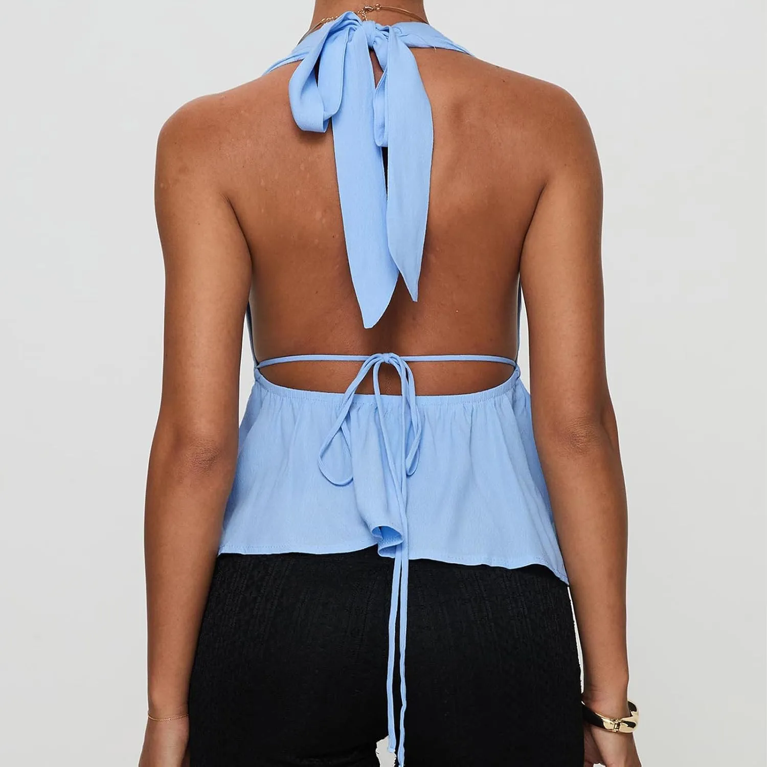 Women's lace up Halter Vest Sexy Sleeveless Deep V Neck Crop Tank Tops Solid Color Tie Back Camisole Top