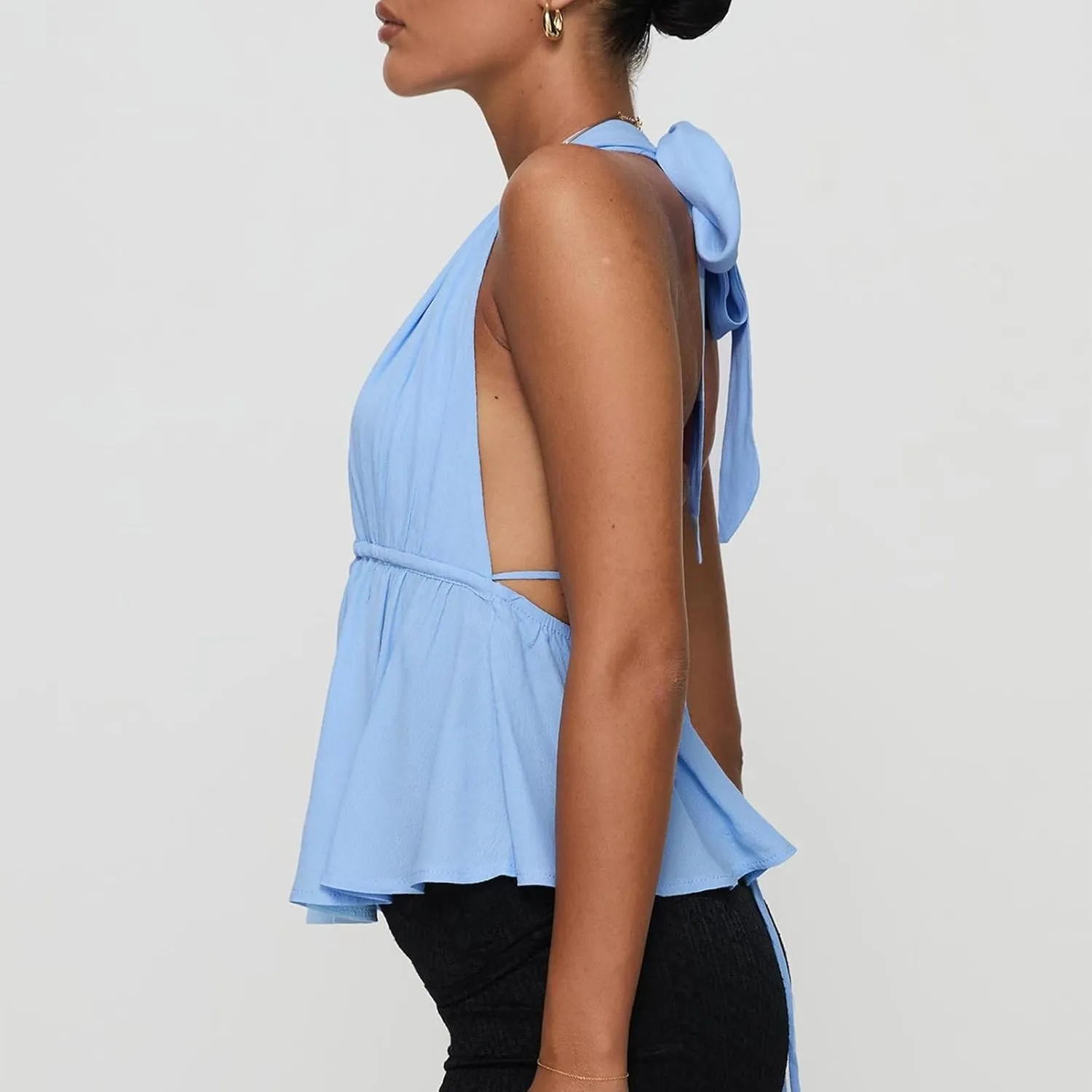 Women's lace up Halter Vest Sexy Sleeveless Deep V Neck Crop Tank Tops Solid Color Tie Back Camisole Top