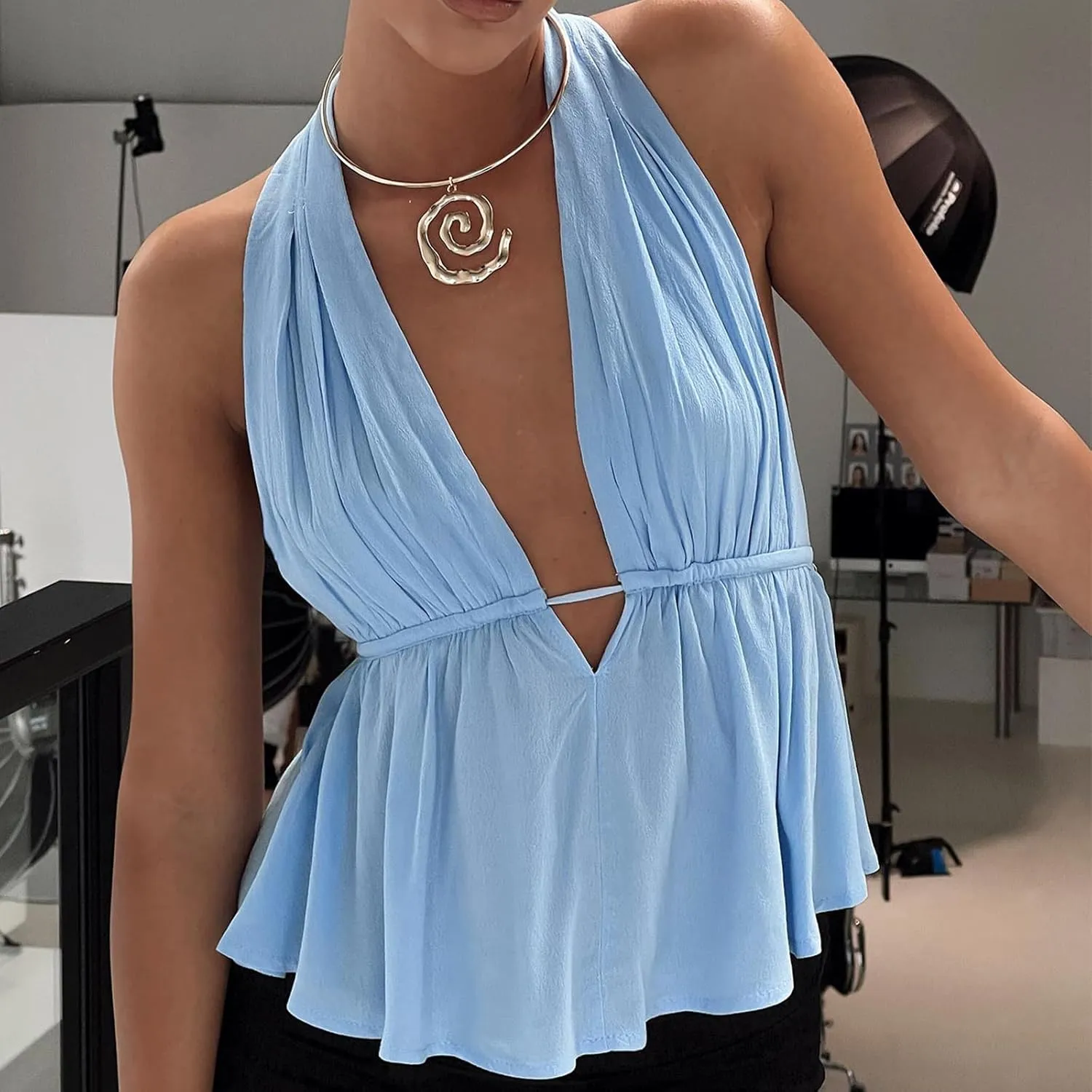 Women's lace up Halter Vest Sexy Sleeveless Deep V Neck Crop Tank Tops Solid Color Tie Back Camisole Top