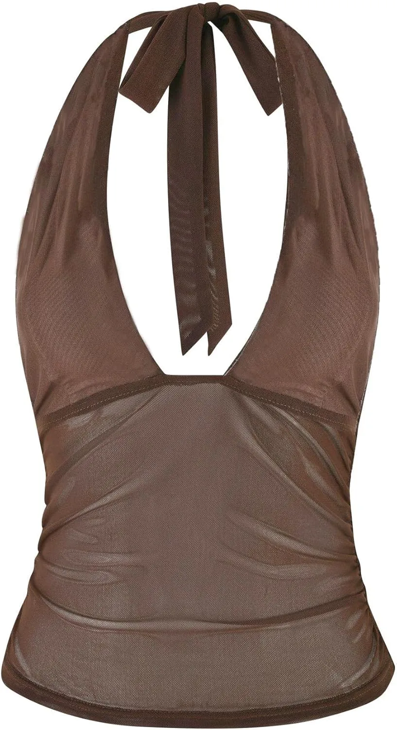 Women's lace up Halter Vest Sexy Sleeveless Deep V Neck Crop Tank Tops Solid Color Tie Back Camisole Top