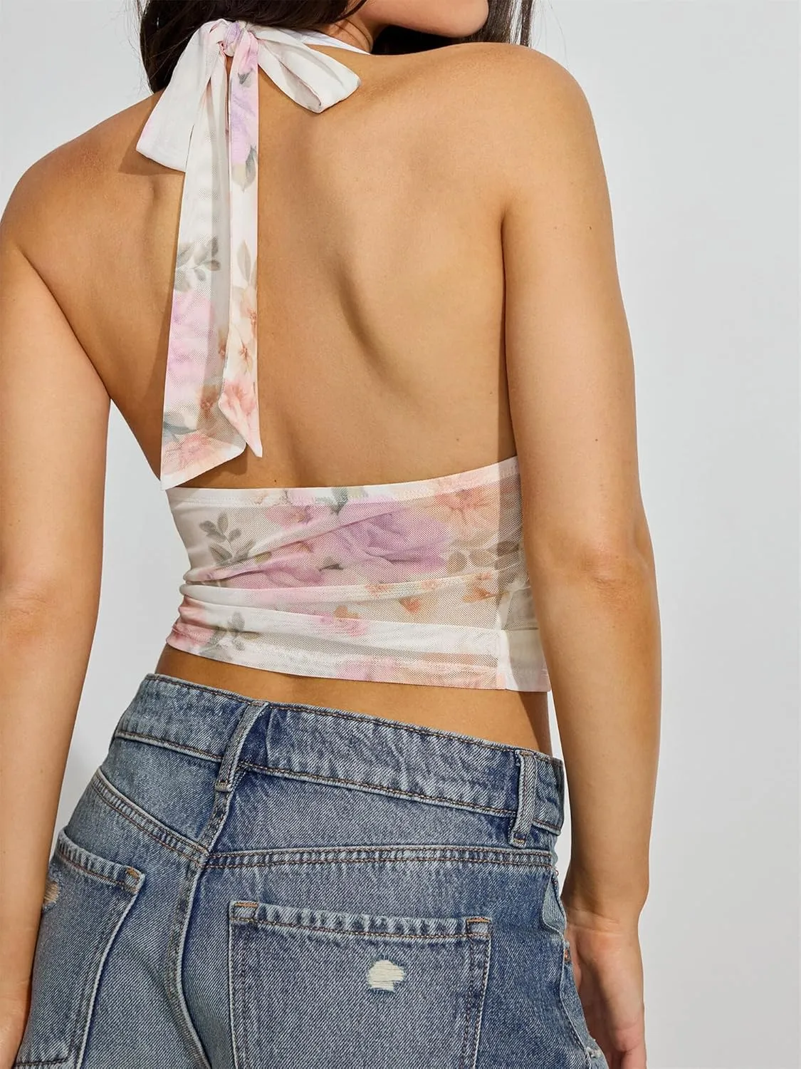 Women's lace up Halter Vest Sexy Sleeveless Deep V Neck Crop Tank Tops Solid Color Tie Back Camisole Top