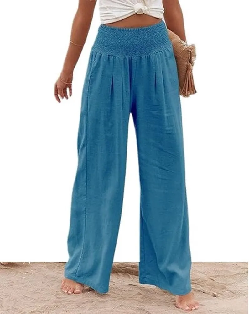 Womens Linen High Waist Pants Casual Palazzo Elastic Loose Comfy Trousers Pockets