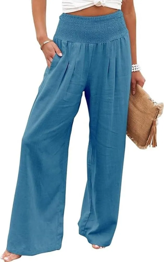 Womens Linen High Waist Pants Casual Palazzo Elastic Loose Comfy Trousers Pockets