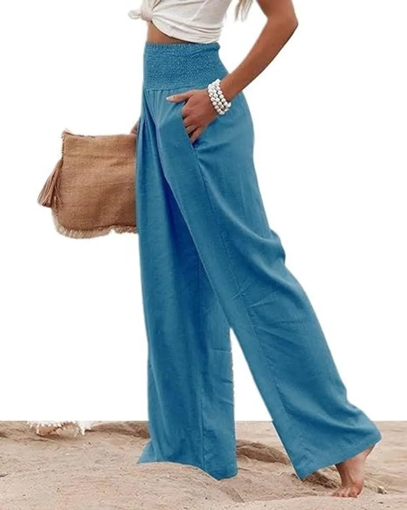 Womens Linen High Waist Pants Casual Palazzo Elastic Loose Comfy Trousers Pockets
