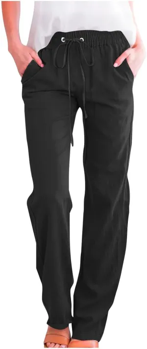 Women's Linen Pant Drawstrings Straight Leg High Waist Trousers Summer Casual Lightweight Breathable Long Pants