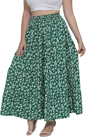 Women's Long Maxi Plus Size Skirt 2025 Trendy Flowy Elastic High Waist Casual Spring Swing A-line Floral Skirts