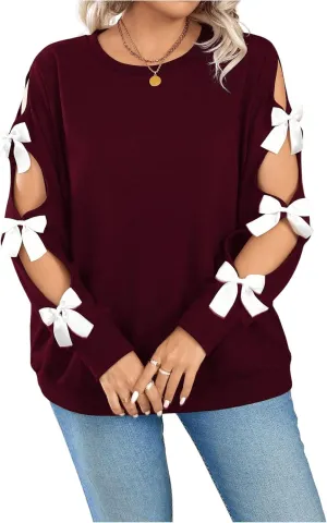 Women's Plus Size Sweatshirts Bow Cut Out Long Sleeve Cute Pullover Tops Spring Fall Clothes Trendy