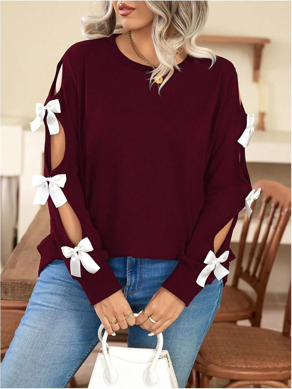 Women's Plus Size Sweatshirts Bow Cut Out Long Sleeve Cute Pullover Tops Spring Fall Clothes Trendy