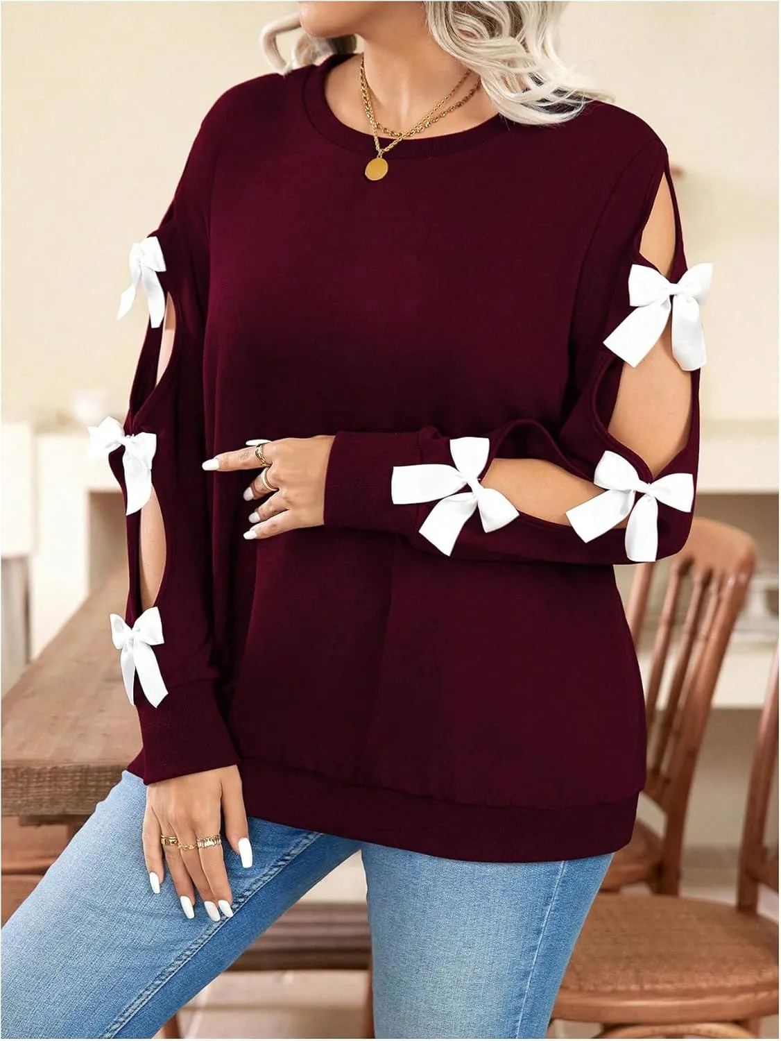 Women's Plus Size Sweatshirts Bow Cut Out Long Sleeve Cute Pullover Tops Spring Fall Clothes Trendy