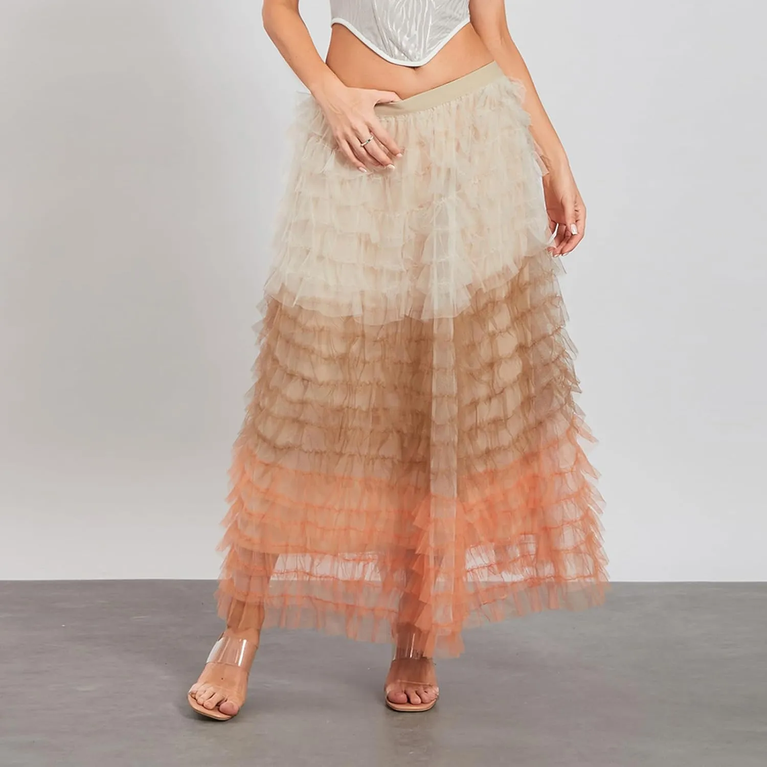 Women's Ruffles Tulle Skirt Fairy Pleated High Waist Maxi Mesh Skirt Long Tutu Party Skirt