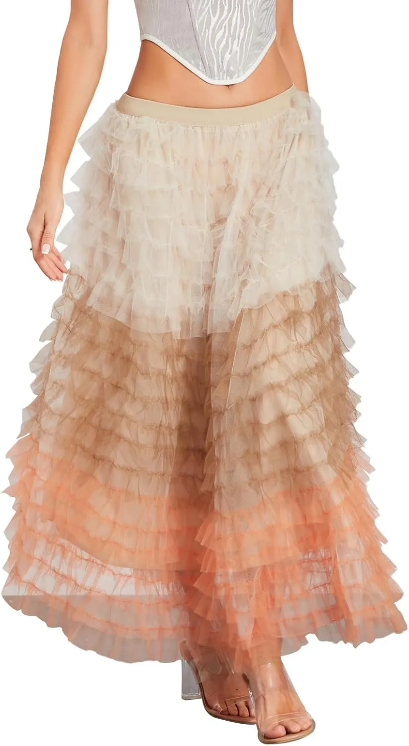 Women's Ruffles Tulle Skirt Fairy Pleated High Waist Maxi Mesh Skirt Long Tutu Party Skirt