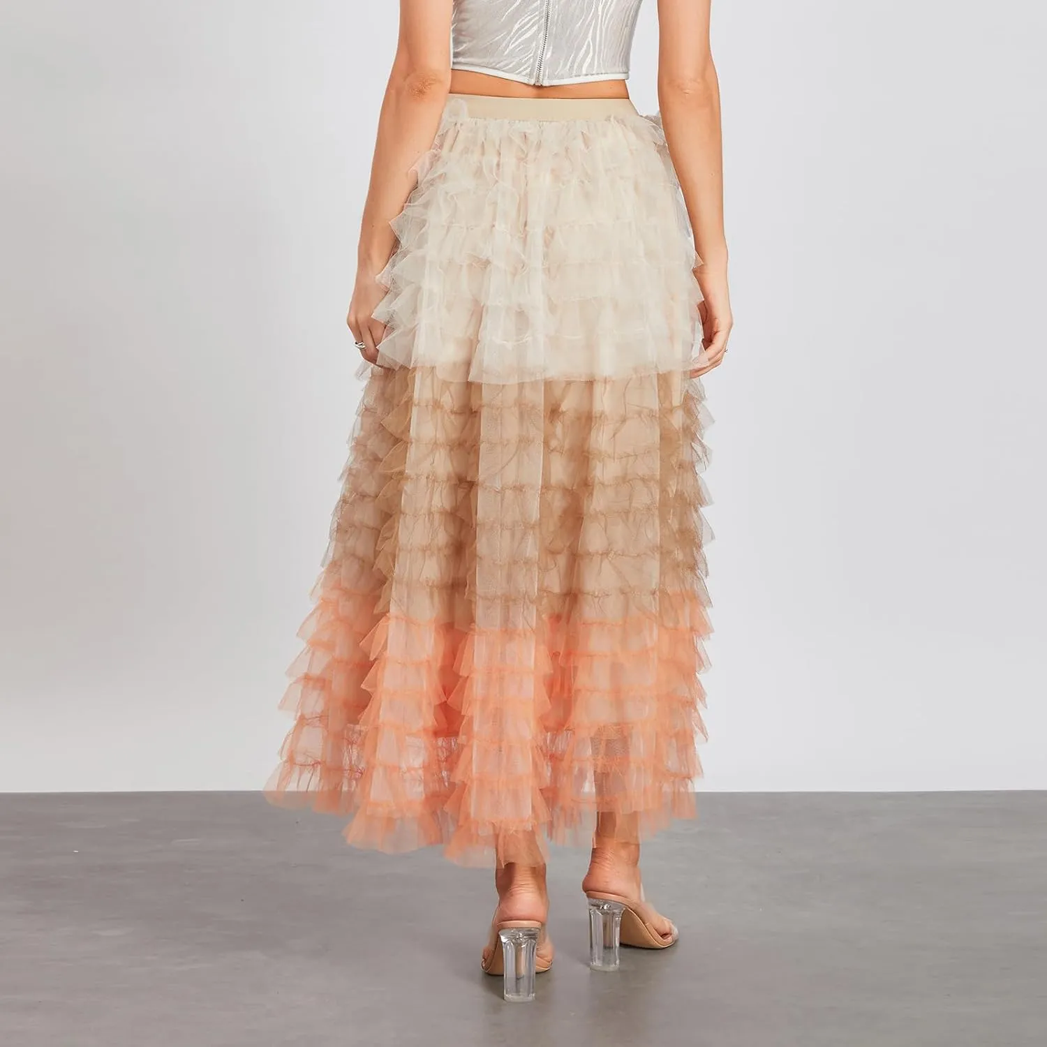 Women's Ruffles Tulle Skirt Fairy Pleated High Waist Maxi Mesh Skirt Long Tutu Party Skirt