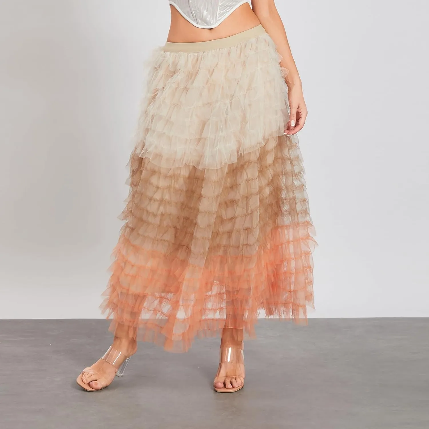 Women's Ruffles Tulle Skirt Fairy Pleated High Waist Maxi Mesh Skirt Long Tutu Party Skirt