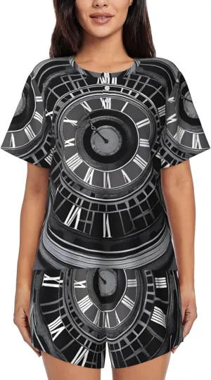 Women's Short-Sleeved Pajama Set - Comfortable aTime Travel Print Sleepwear for Loungewear, Vacation, and Night Wear