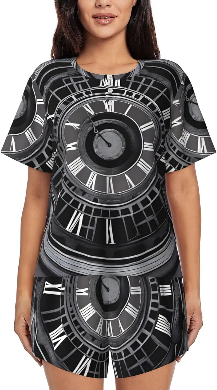 Women's Short-Sleeved Pajama Set - Comfortable aTime Travel Print Sleepwear for Loungewear, Vacation, and Night Wear