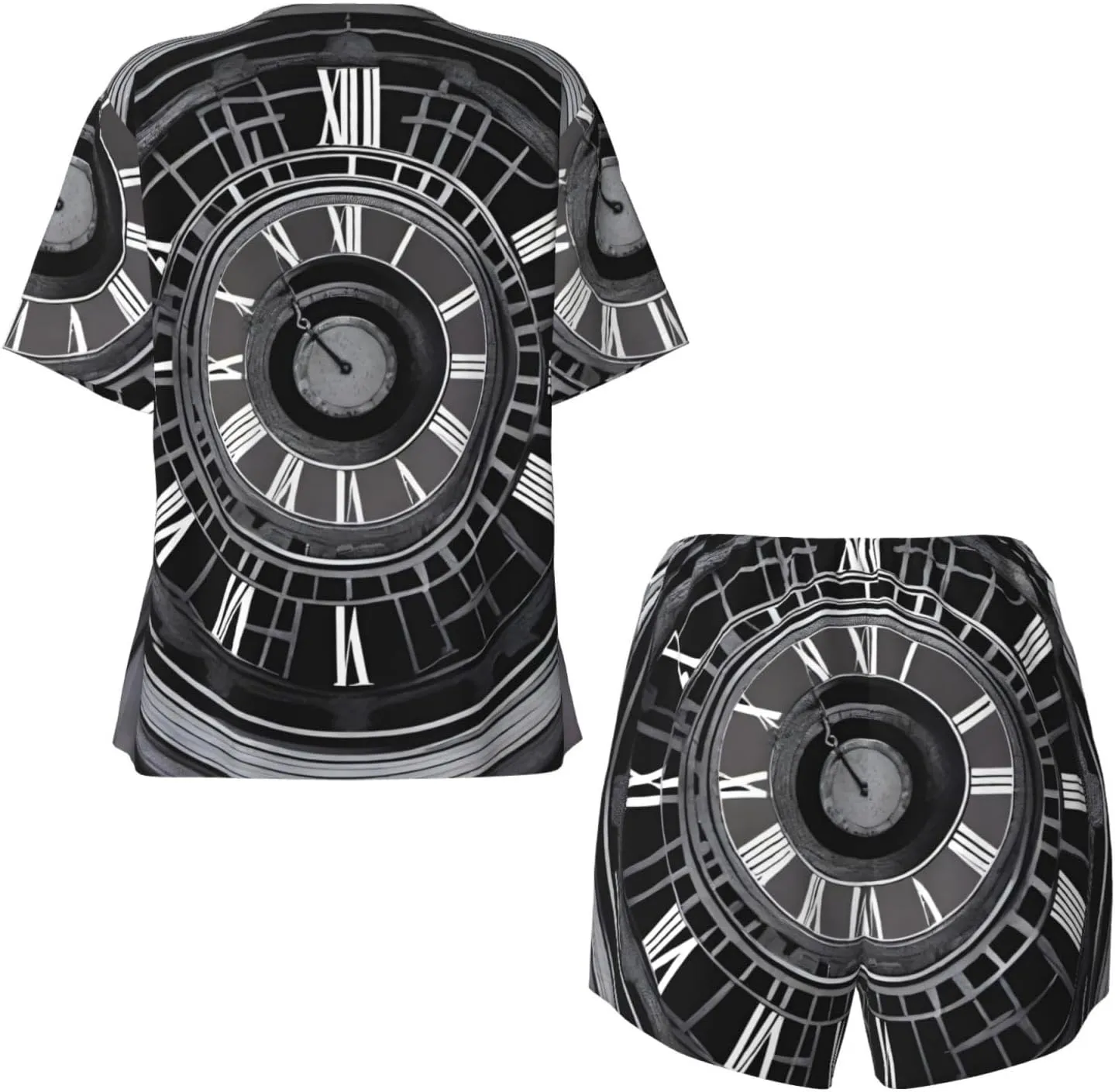 Women's Short-Sleeved Pajama Set - Comfortable aTime Travel Print Sleepwear for Loungewear, Vacation, and Night Wear