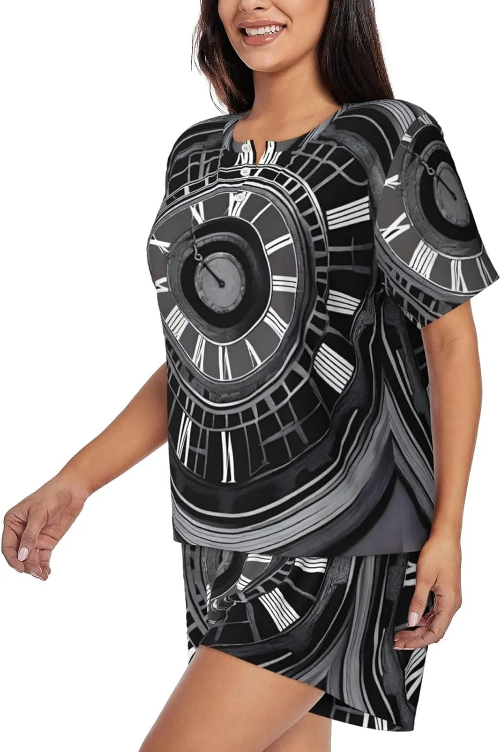 Women's Short-Sleeved Pajama Set - Comfortable aTime Travel Print Sleepwear for Loungewear, Vacation, and Night Wear