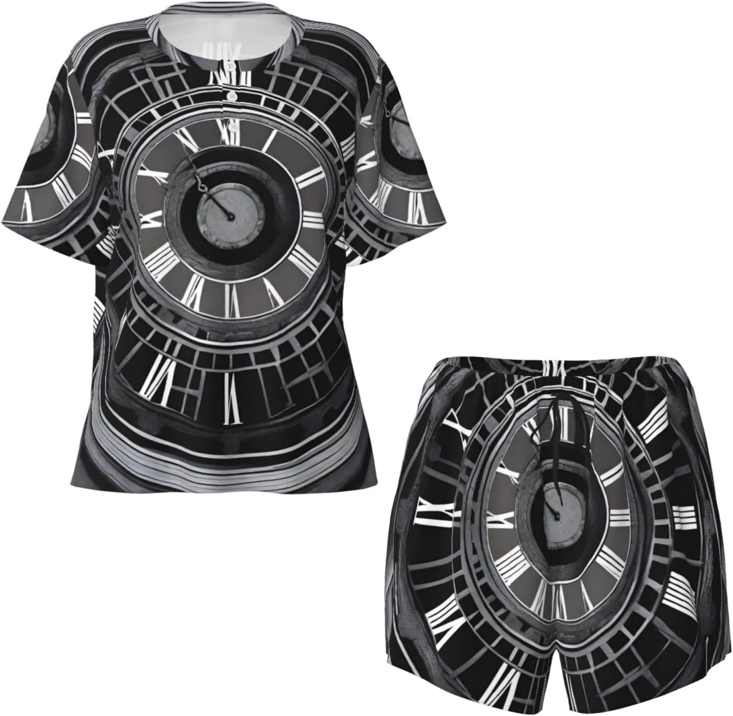 Women's Short-Sleeved Pajama Set - Comfortable aTime Travel Print Sleepwear for Loungewear, Vacation, and Night Wear