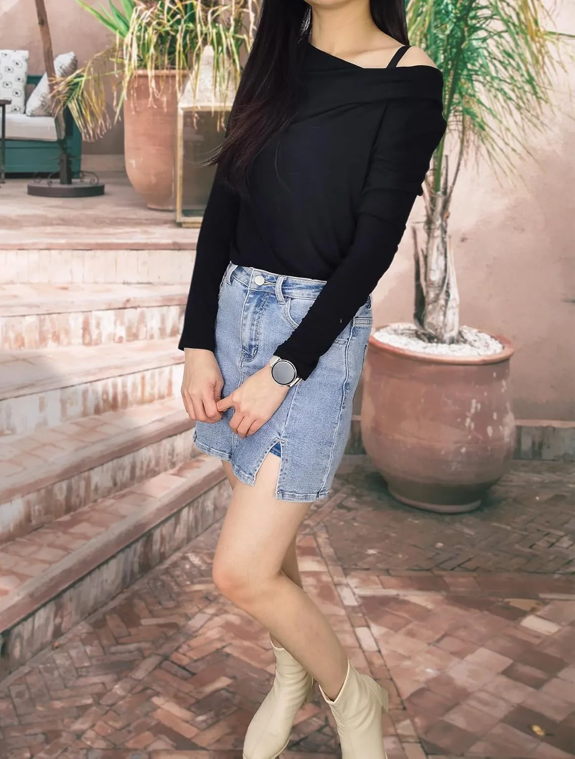 Womens Skort Denim Mini Skirt for Women High Waisted Stretchy Jean Skirt with Slit Jean Skorts Shorts Y2K
