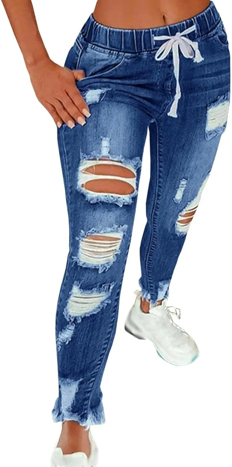 Women's Stretch Denim Pants Plus Size Slim Destroyed Trousers Casual High Waist Skinny Ripped Jeans