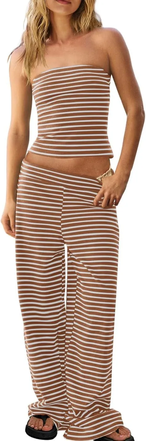 Womens Striped Tube Top Low Waist Wide Leg Pants Set Summer Beach Fashion Trendy Two Piece Y2K Outfits